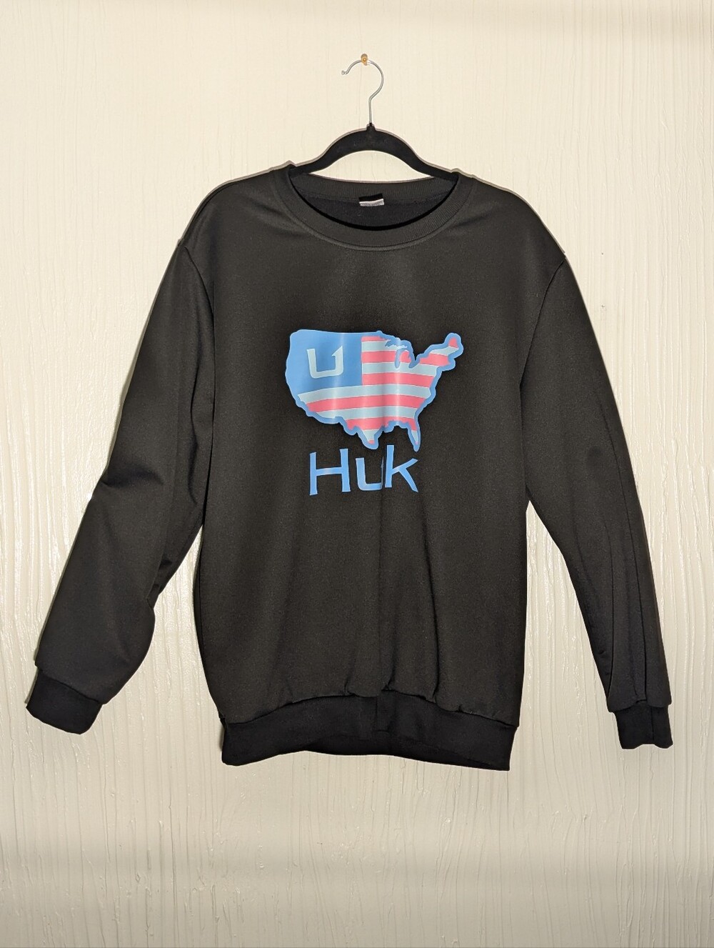 Huk Black Crewneck with Blue and Red USA Graphic